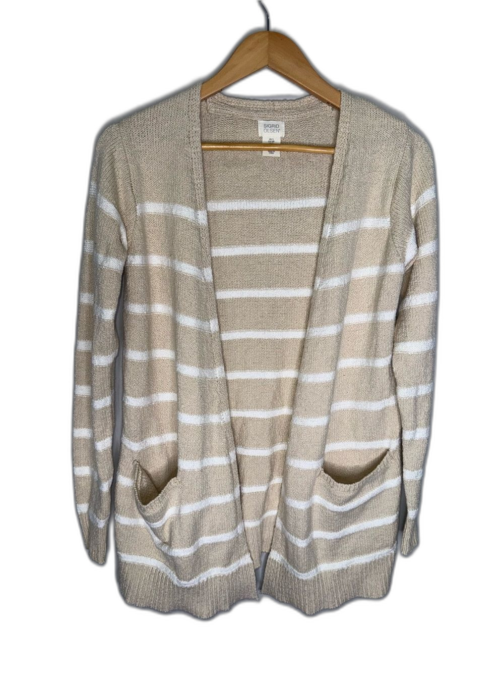 Sigrid Olsen Cardigan Women’s Small Cream & White Striped Open-Front Sweater !